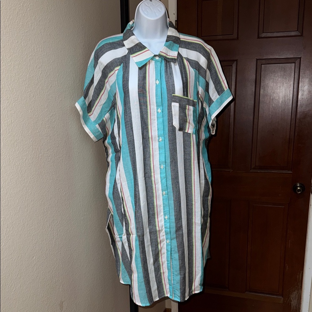 Goa Swimwear by Japna Striped Swim 100% Cotton Coverup Dress Teal Black White XL
